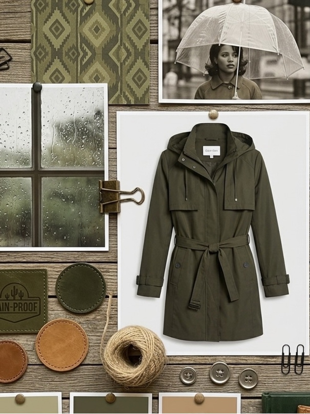 Calvin Klein Olive Green Hooded Trench Coat with Belt